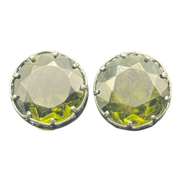 Vintage Made in Austria Dark Green Headlight Silver-tone Clip on Earrings HTF - Picture 5 of 16